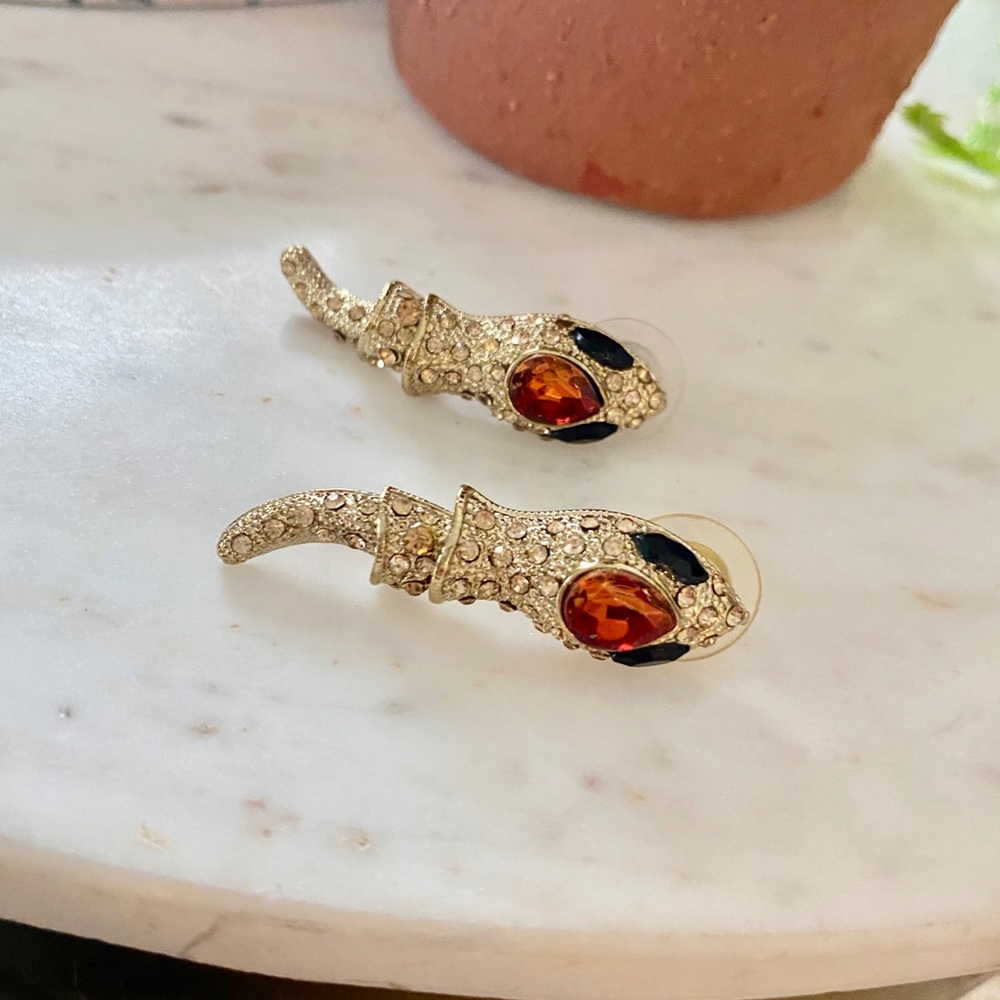 Vintage Snake Head Rhinestone Micro Pave Pierced Earrings with Articulated Tail